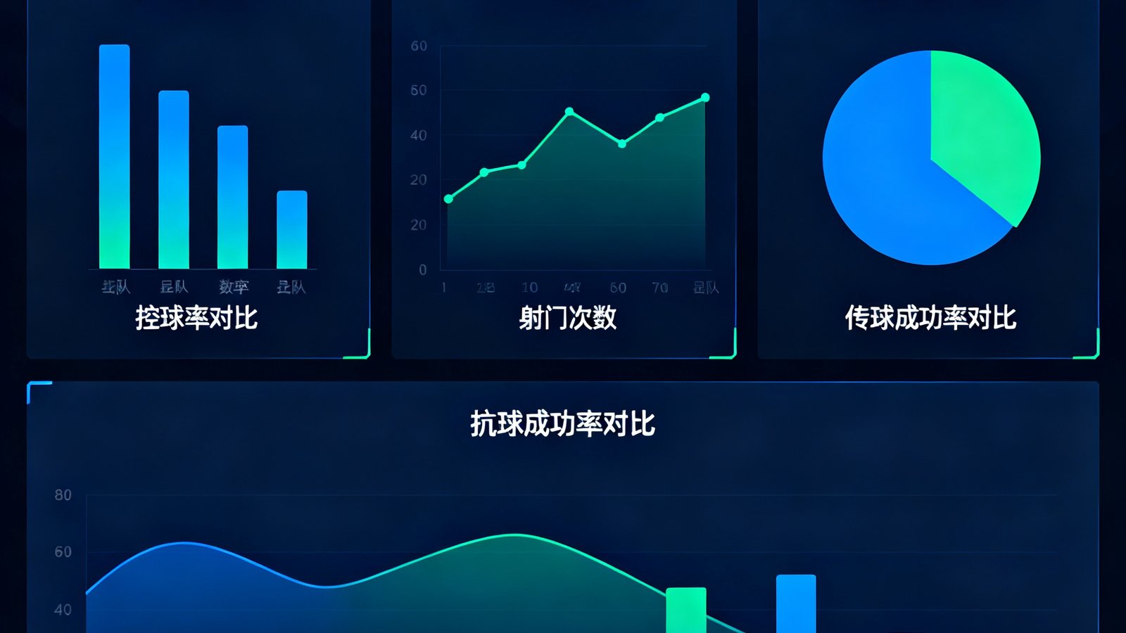 深度数据统计仪表盘界面，展示多支球队的控球率、射门次数、传球成功率对比图表，配色清晰专业