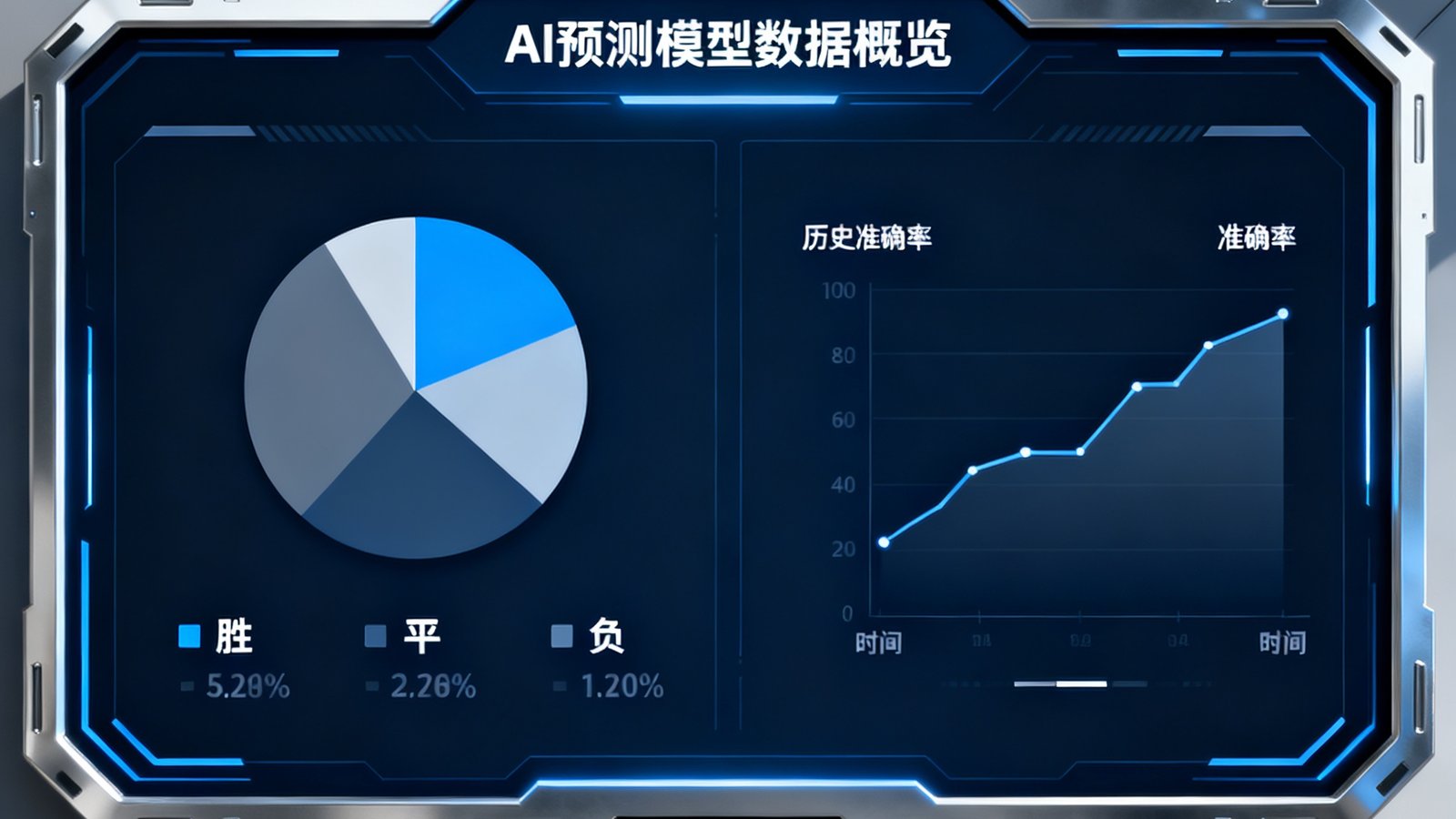 AI预测模型数据界面，展示胜平负概率分布的饼图与历史准确率趋势折线图，界面设计科技感十足